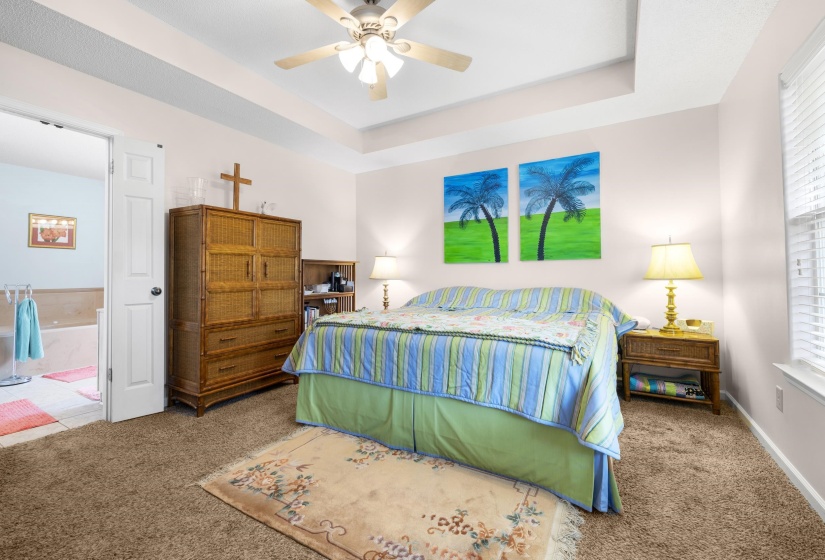 Carpeted bedroom with ceiling fan and a tray ceiling