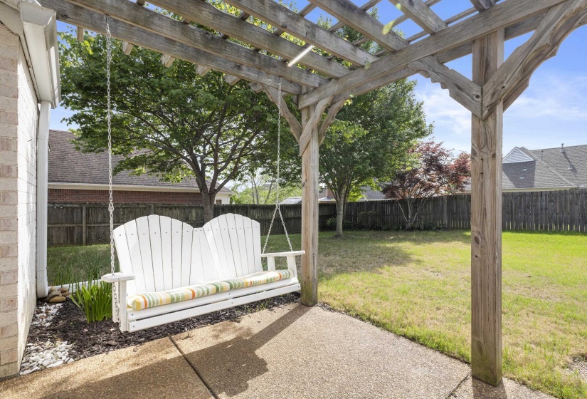 Fenced backyard featuring a pergola and a patio area
