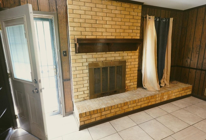Detailed view of wooden walls and a fireplace