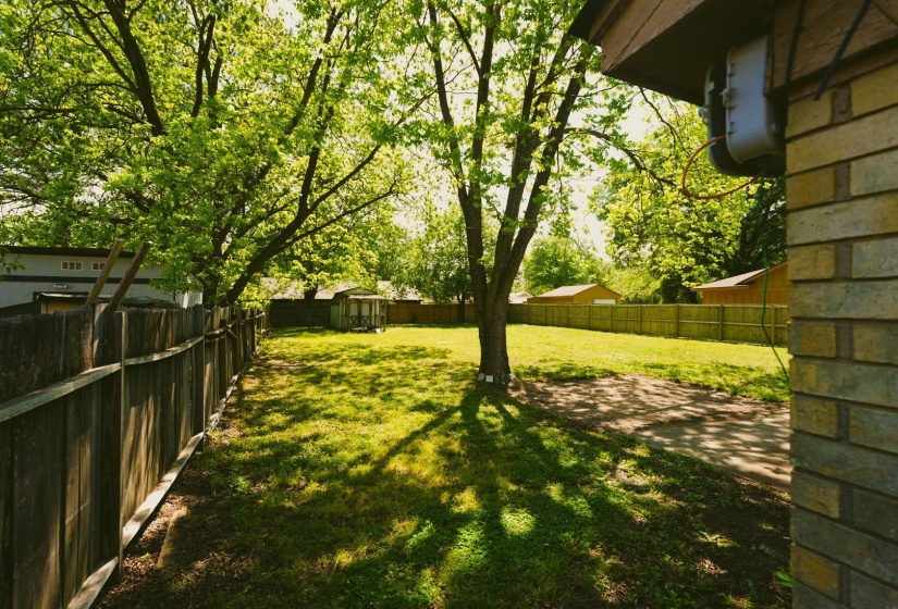 Fenced backyard with a patio and an outdoor structure