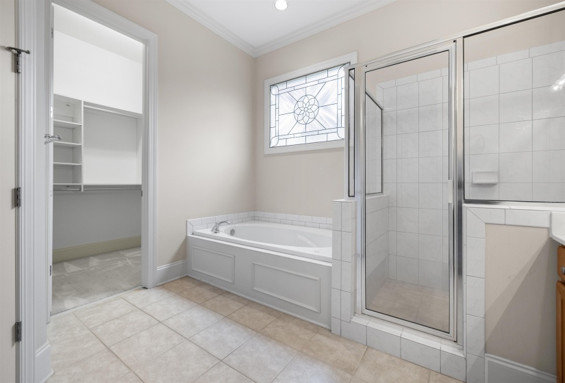 Full bath with a bath, a shower stall, ornamental molding, a walk in closet, and vanity
