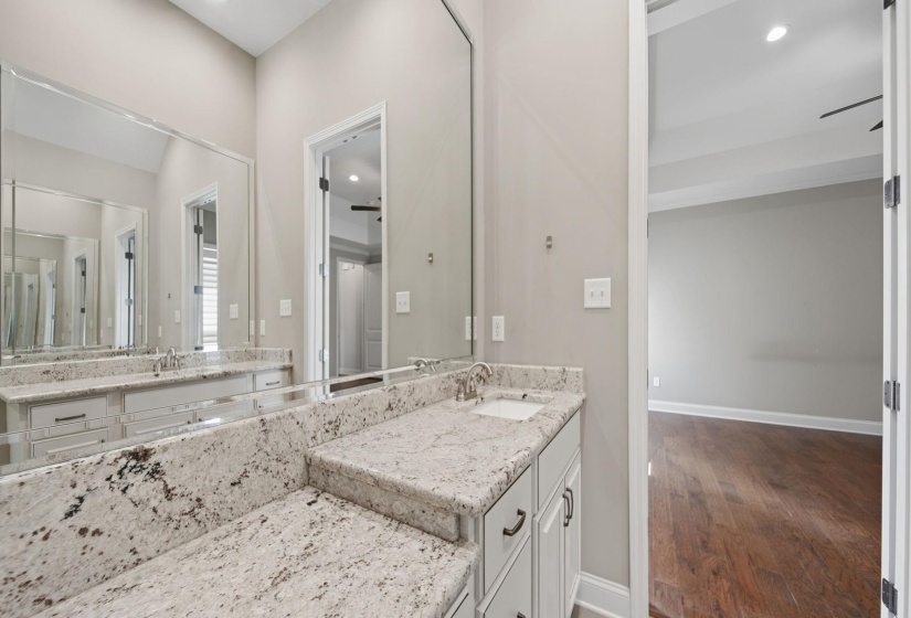 Bathroom featuring vanity, dark wood-type flooring, and recessed lighting