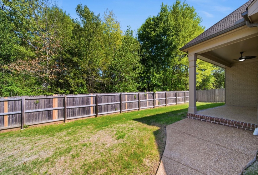 Fenced backyard featuring a patio area and ceiling fan