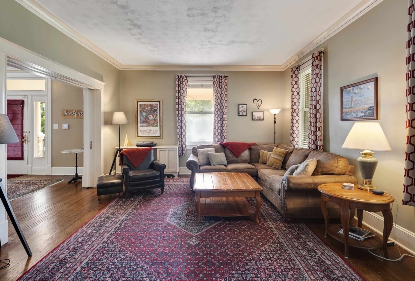 Living area featuring dark wood-type flooring and crown molding