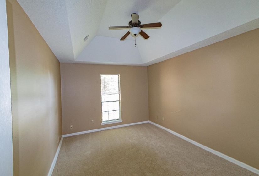 Spare room featuring a ceiling fan, carpet, and a raised ceiling