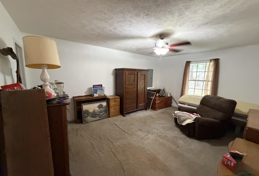 Living area featuring light colored carpet, a textured ceiling, and a ceiling fan