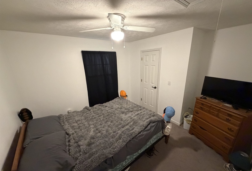 Carpeted bedroom with a textured ceiling and ceiling fan