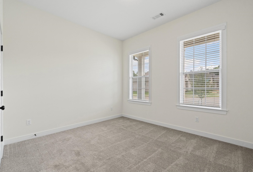 Bright room featuring two double-hung windows with blinds, light gray carpet, and white walls with matching trim