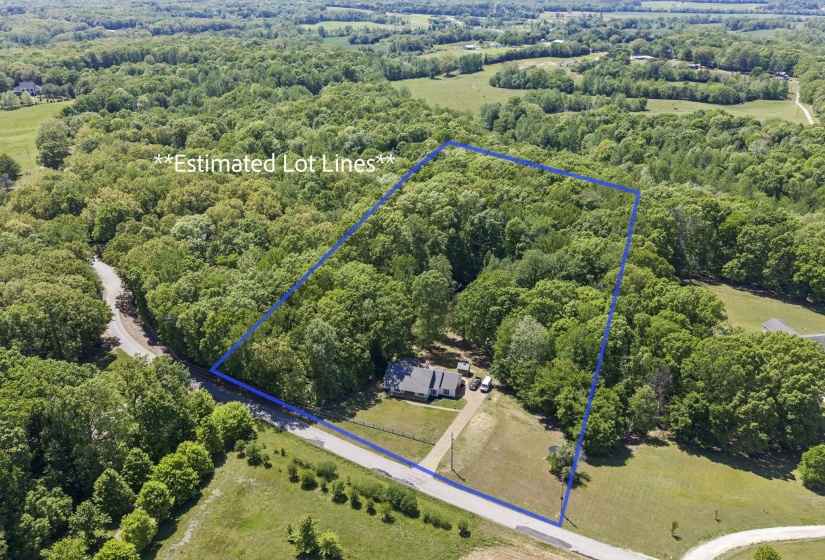 Aerial view of property's location with a forest and property boundaries highlighted