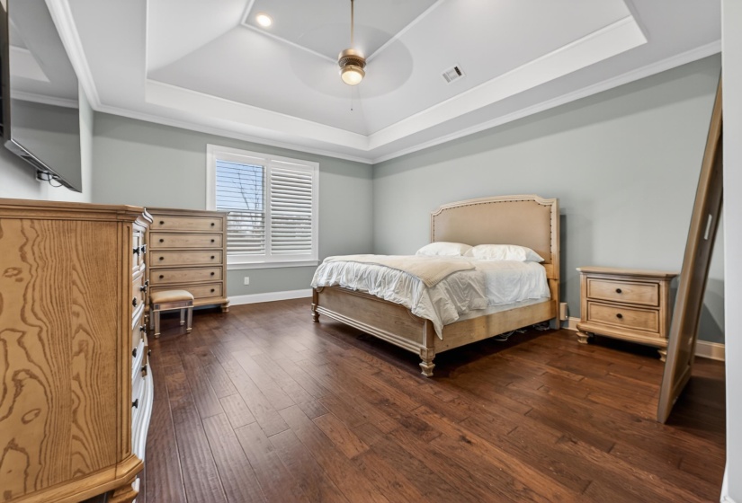 Bedroom featuring a ceiling fan, dark wood-style flooring, crown molding, and a raised ceiling