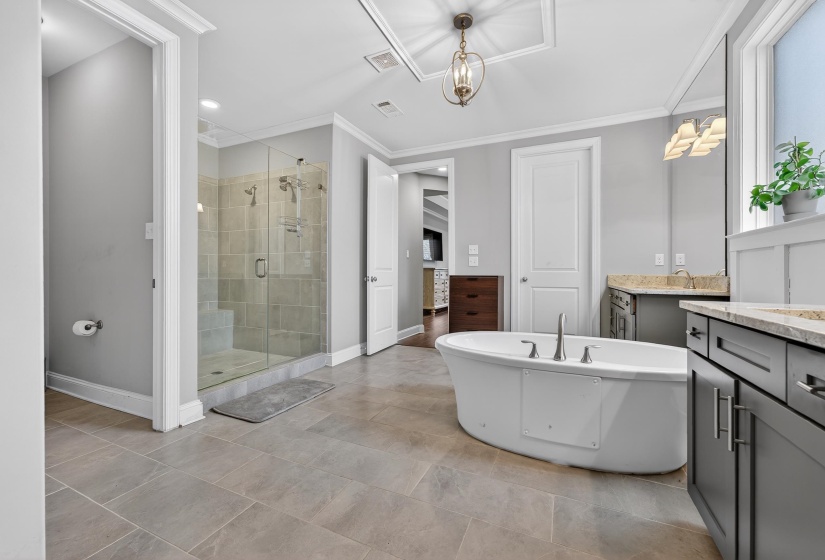 Bathroom featuring vanity, a soaking tub, a stall shower, crown molding, and recessed lighting