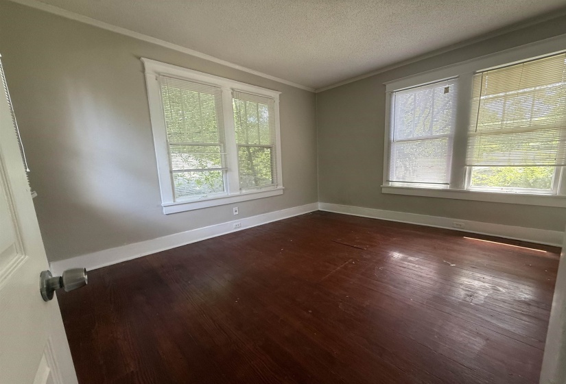 Empty room with crown molding, dark wood finished floors, and a textured ceiling