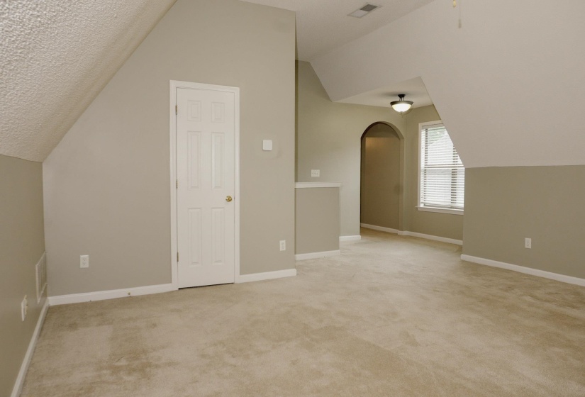 Bonus room featuring arched walkways and light carpet