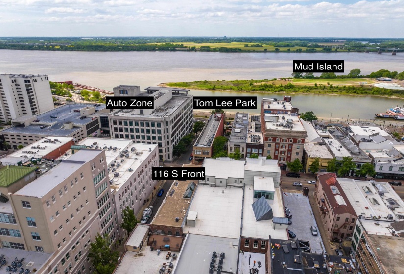 Aerial view of a nearby body of water