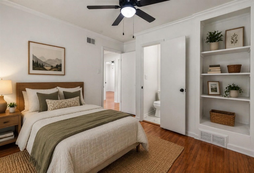 Bedroom featuring hardwood / wood-style floors, ornamental molding, ceiling fan, and ensuite bath