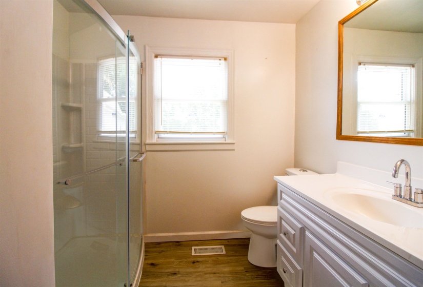 Full bathroom featuring vanity, a stall shower, dark wood-style floors, and plenty of natural light