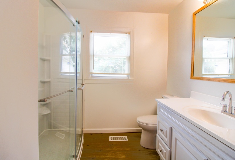 Full bathroom featuring vanity, a stall shower, dark wood-style floors, and plenty of natural light