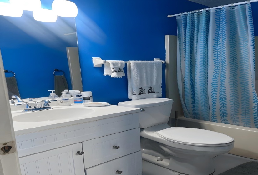 Full bathroom featuring vanity and shower / bath combo