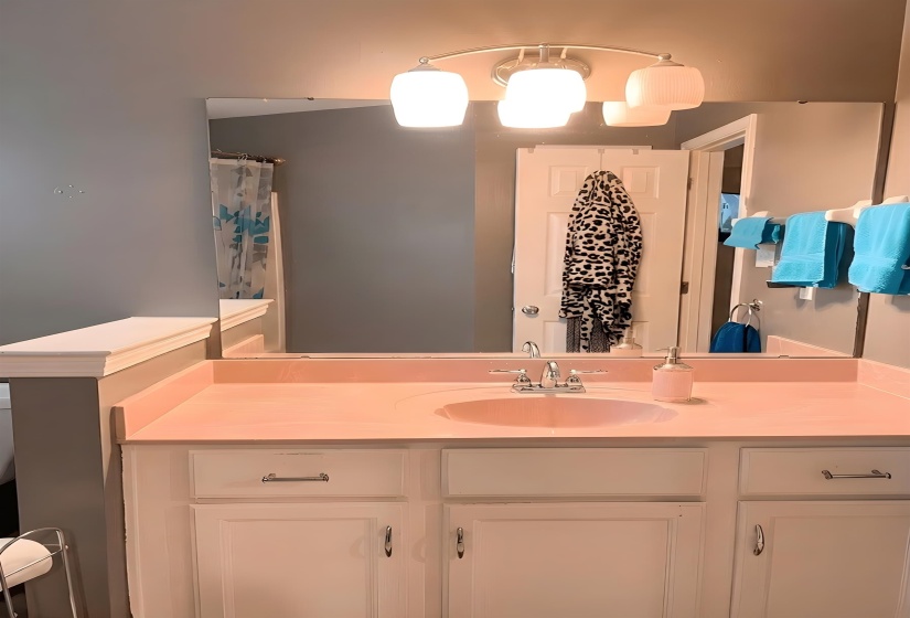 Full bathroom featuring vanity and curtained shower
