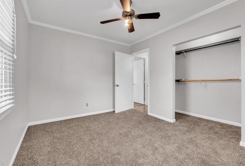 Unfurnished bedroom featuring ornamental molding, light carpet, a ceiling fan, and a closet