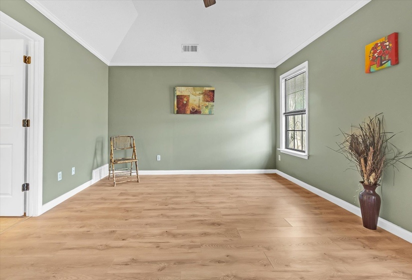 Unfurnished room featuring ornamental molding, light wood-style flooring, vaulted ceiling, and ceiling fan
