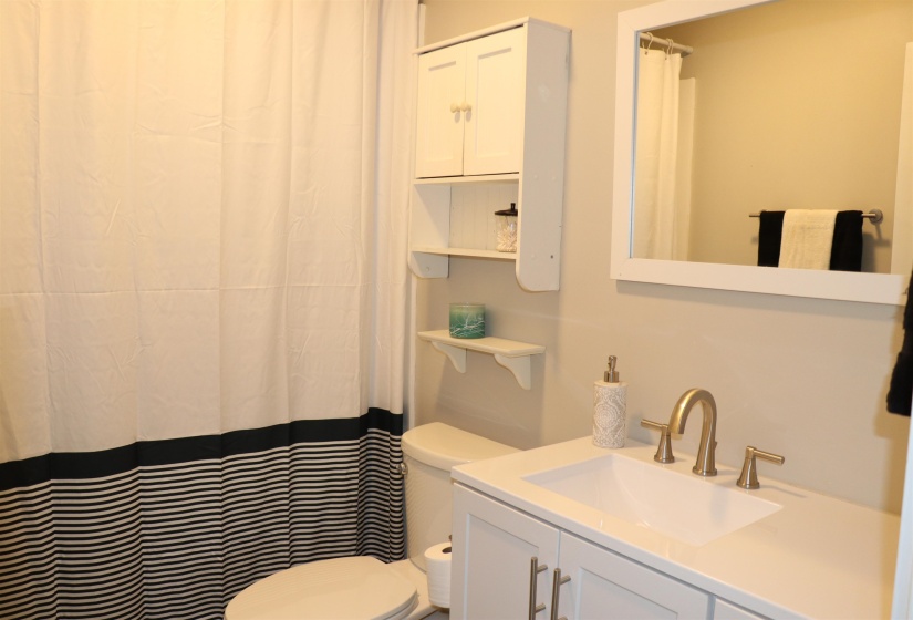 Bathroom featuring vanity and curtained shower
