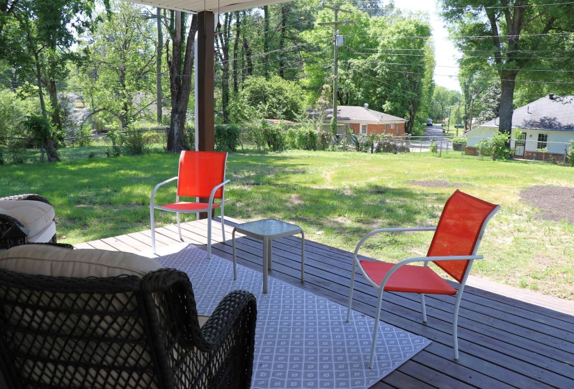Wooden terrace with a fenced backyard