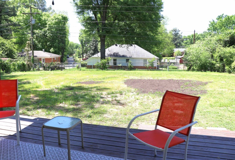 Fenced backyard featuring view of scattered trees