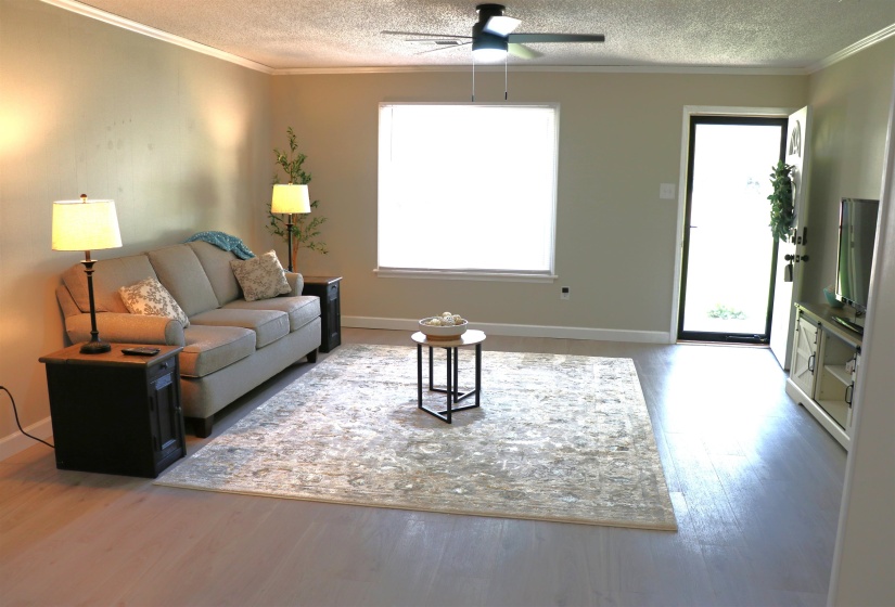 Living area with ornamental molding, ceiling fan, light wood finished floors, and a textured ceiling