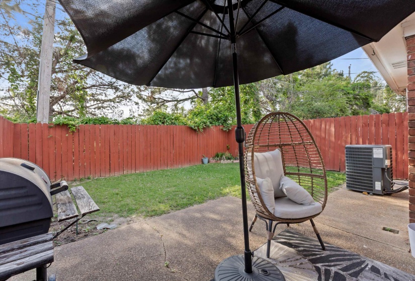 Fenced backyard featuring a patio and grilling area