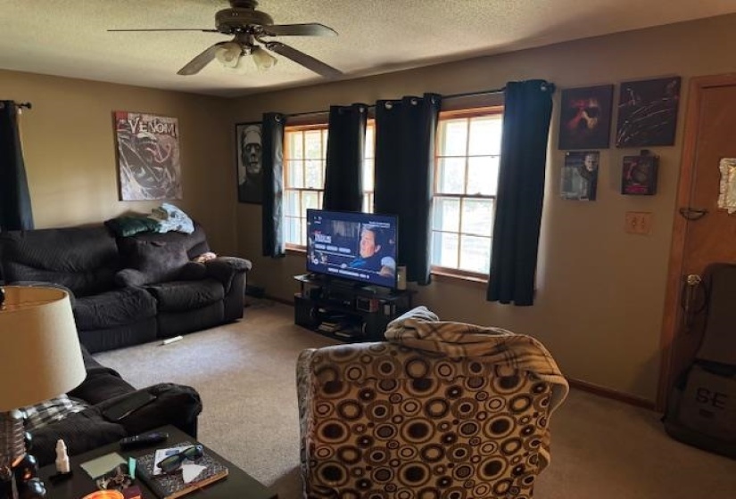 Carpeted living room featuring a textured ceiling and a ceiling fan