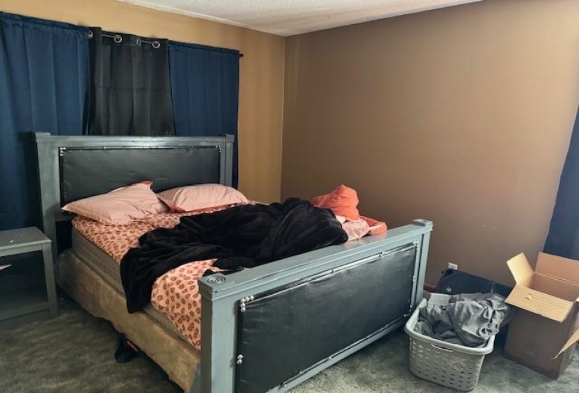 Bedroom with carpet flooring and a textured ceiling