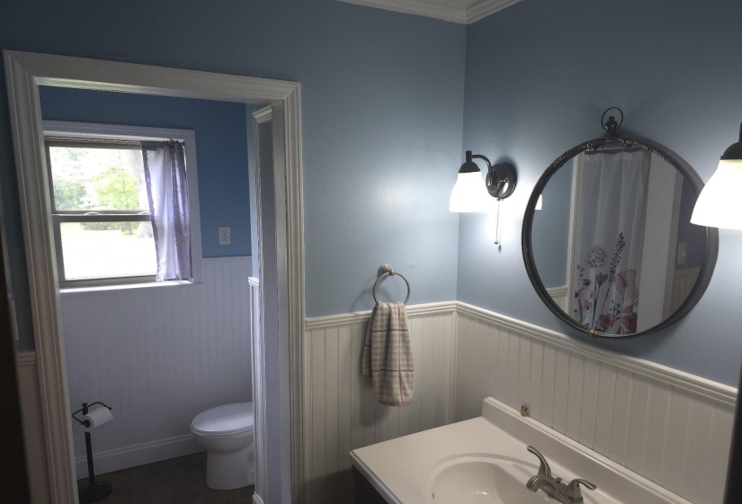 Bathroom featuring a wainscoted wall, vanity, crown molding, and a shower with shower curtain