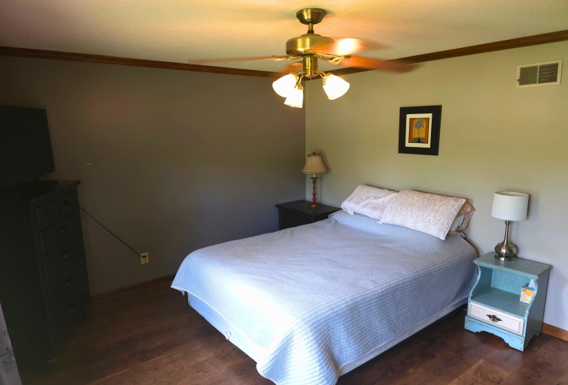 Bedroom featuring crown molding, ceiling fan, and dark wood-style flooring