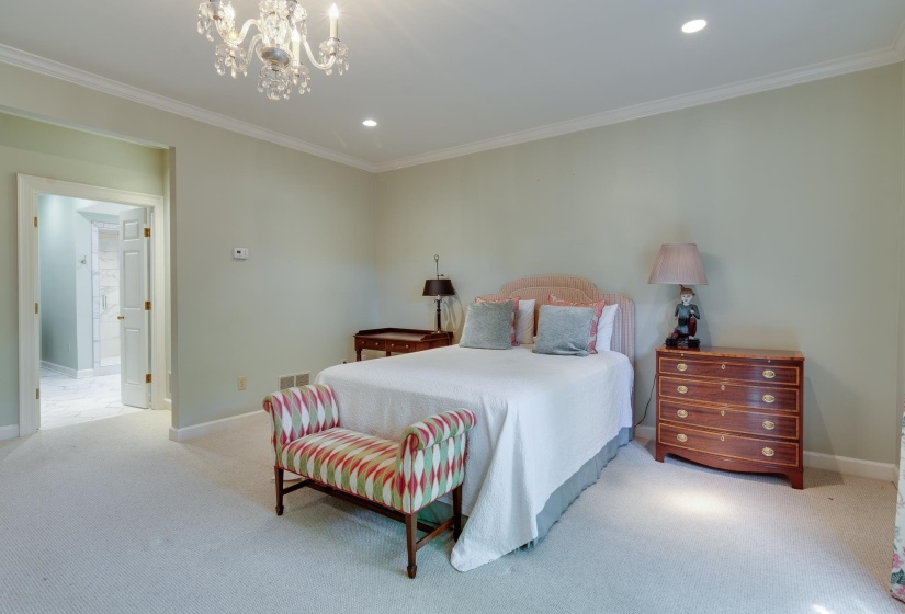 Bedroom with hanging lights, light colored carpet, and ornamental molding