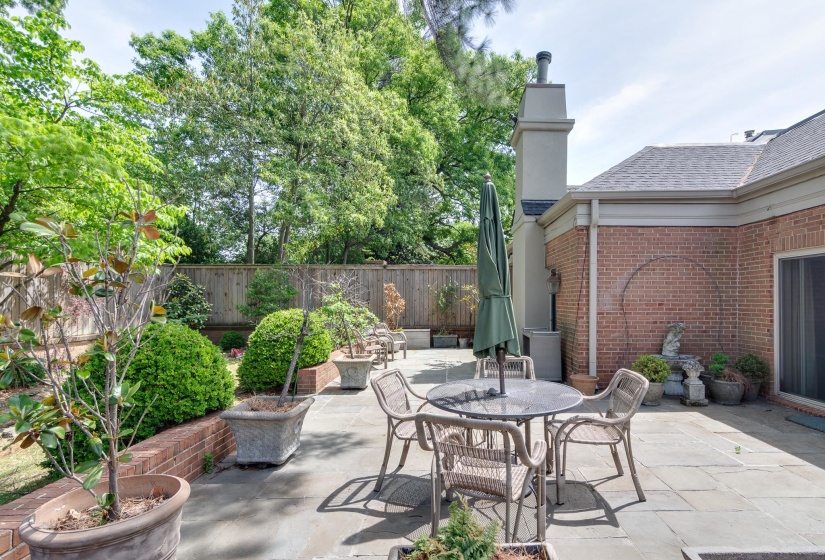 Fenced backyard with a patio and outdoor dining space
