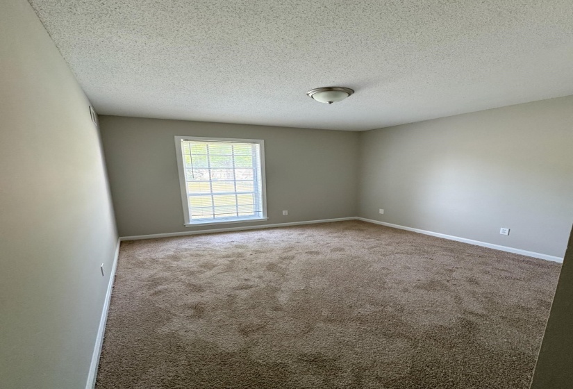 Unfurnished room featuring a textured ceiling and carpet