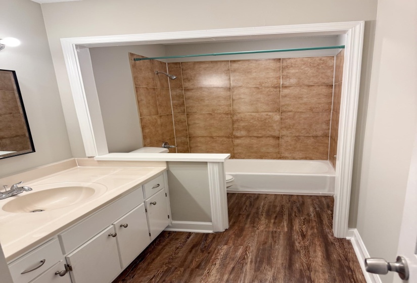 Bathroom with vanity, dark wood-type flooring, and bathing tub / shower combination