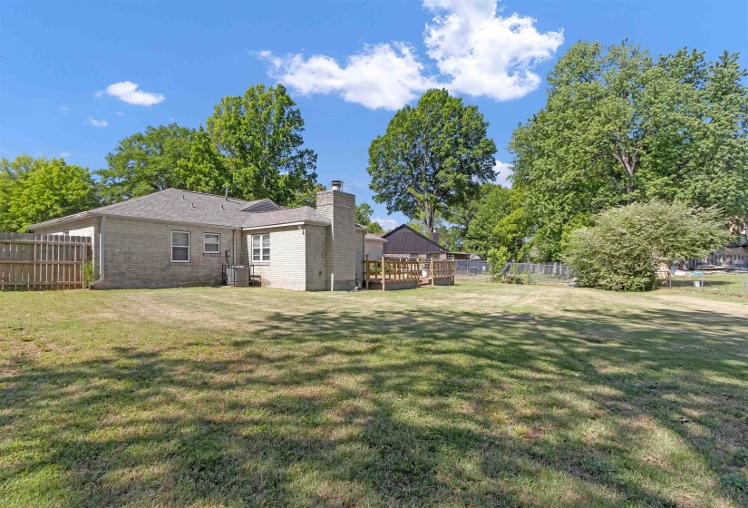 Back of house featuring a chimney, a fenced backyard, and brick siding