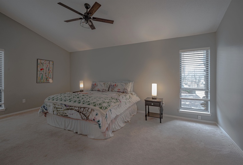 Carpeted bedroom featuring vaulted ceiling and ceiling fan