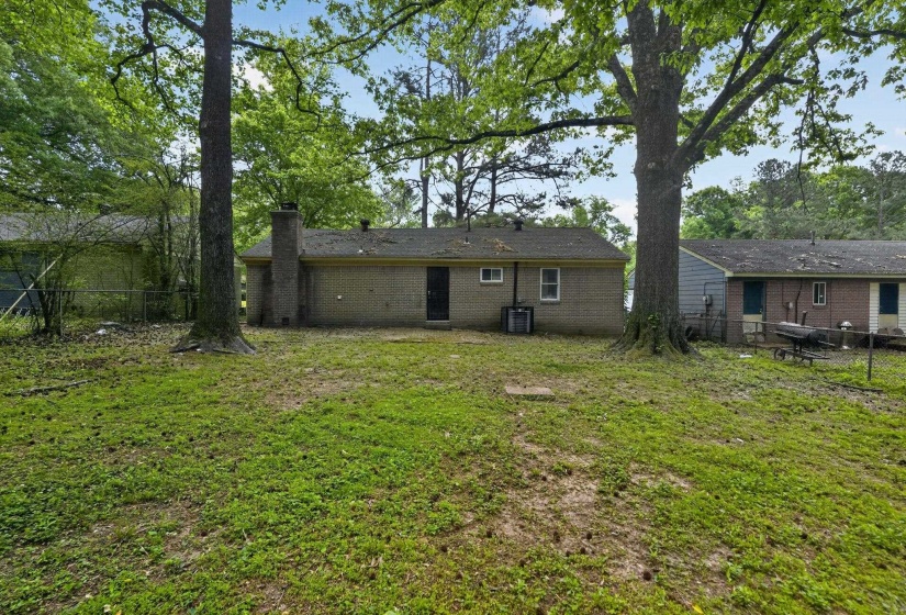 Rear view of house with a fenced backyard, a chimney, and brick siding