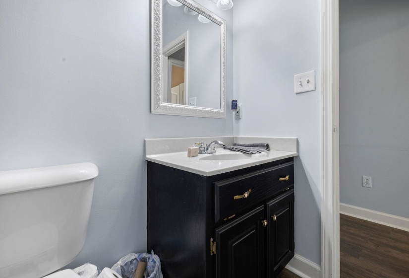 Half bath featuring vanity and dark wood-style floors