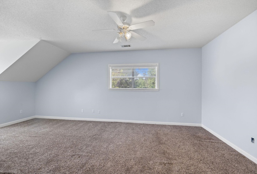 Carpeted room featuring light blue walls, a sloped ceiling detail, and a window with horizontal blinds