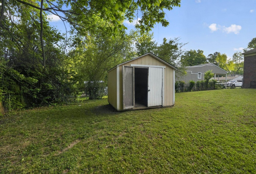 View of shed with a fenced backyard