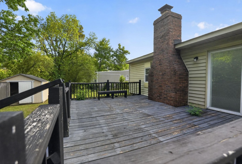 Wooden deck featuring a storage shed