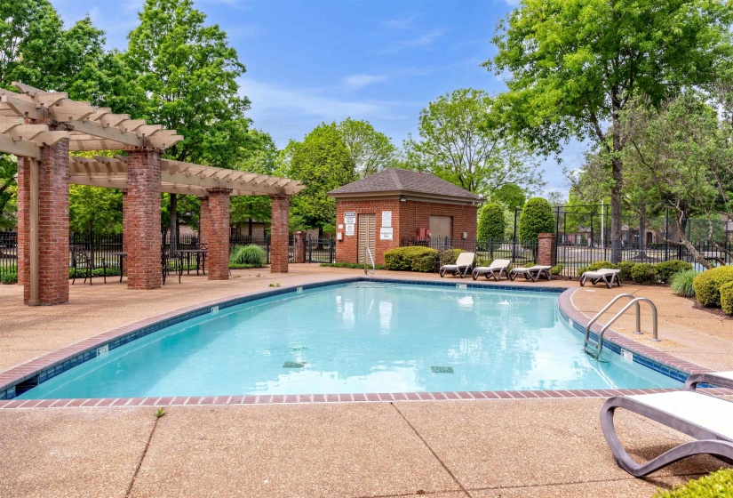 Curved swimming pool with a blue tile border, surrounding concrete decking, brick pergola with wood beams, and a brick utility building