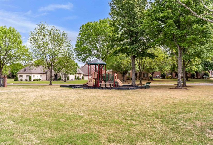 Community playground featuring a multi-level structure with slides and a covered platform