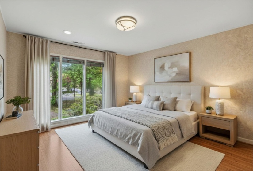 BEDROOM 2 (13 x 13) with smooth ceiling, LVP flooring, built-ins, and double closet. Virtually staged photo.