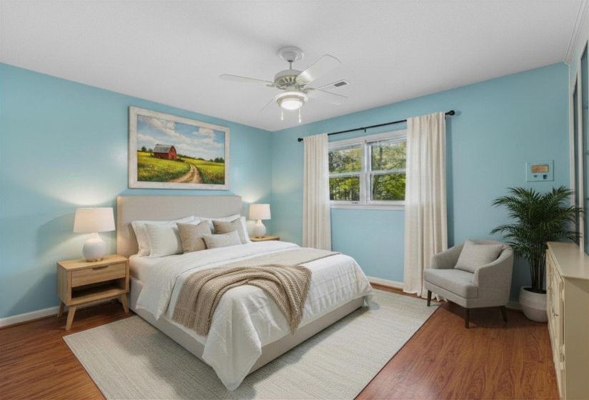 Bedroom 3 (15x12)  with smooth ceiling and LVP flooring. Virtually staged photo.