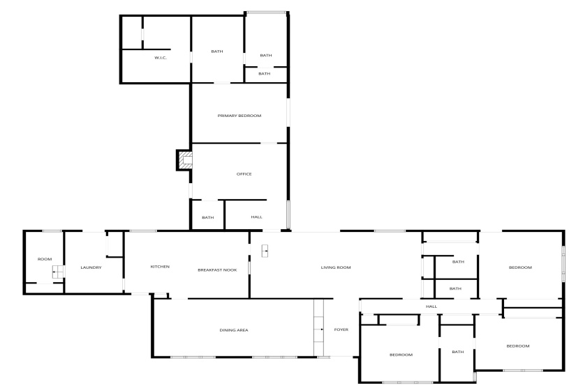 Well-balanced layout with a central Living Room flowing into the Kitchen and Breakfast Nook. A private Primary Suite wing with Office is set apart from the main areas, while Secondary Bedrooms are positioned on the opposite side for added privacy.